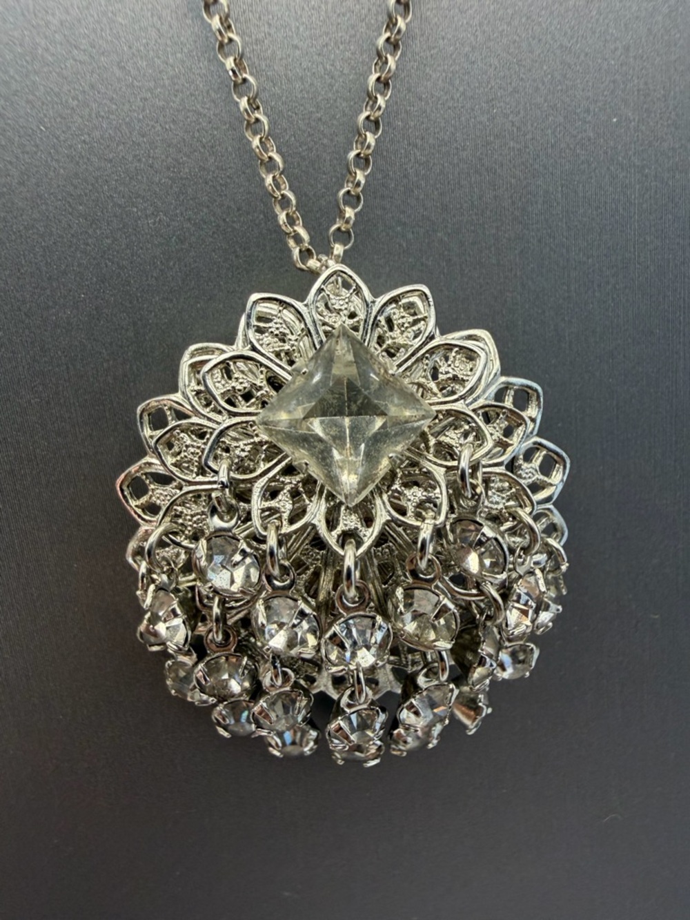 Fringe Rhinestone Pendant With 18” 835 Silver Rolo Chain Statement Vintage